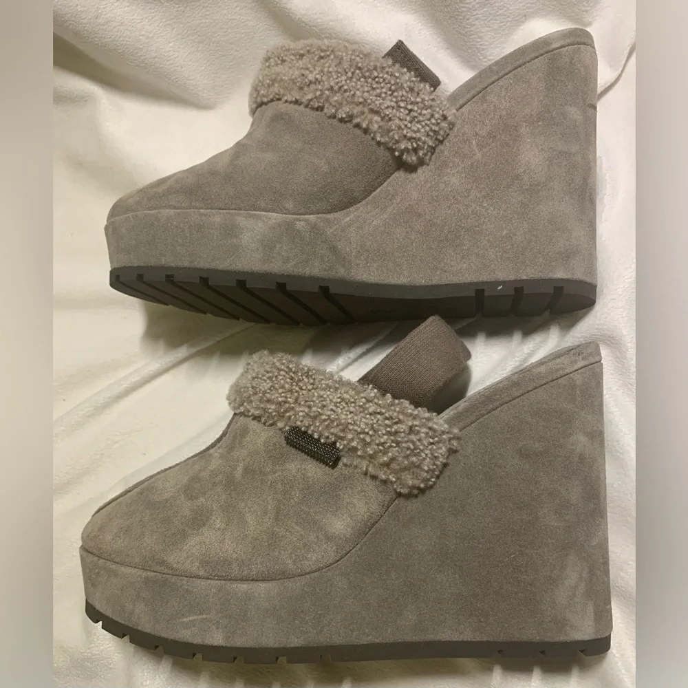 Brunello Cucinelli Suede Shearling Wedge Slingback Clogs Grey size EU 39 / US 9